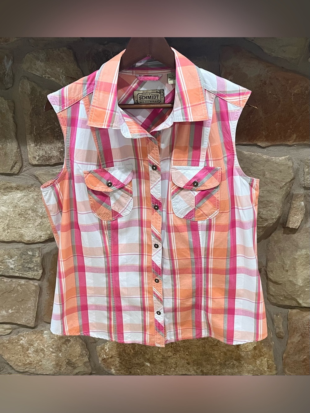 Schmidt Work Wear Sleeveless Plaid Shirt Women’s Large Button Up 100% Cotton